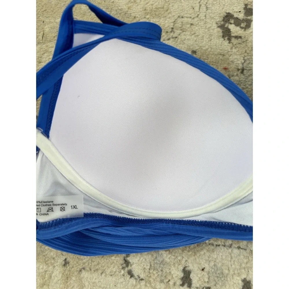Women's 1X Royal Blue Front-Twist Bikini Top & Draped Bottom 2Pc Swimsuit Padded